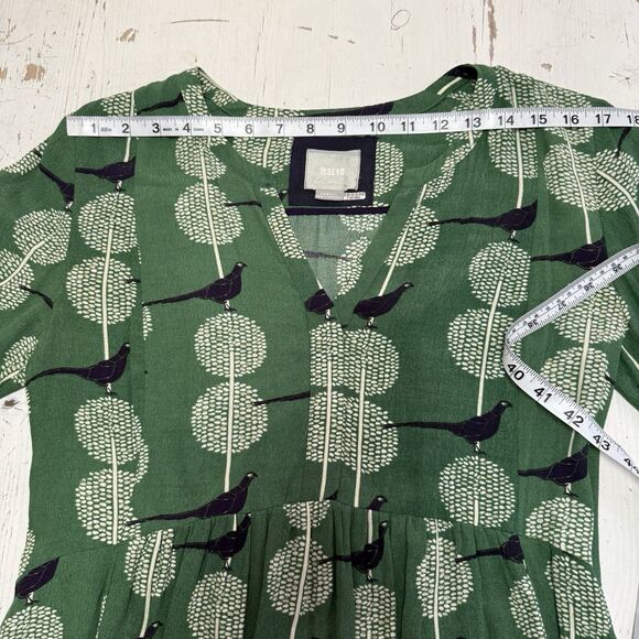 Anthropologie Maeve Devery Green Bird Print Dress XS ASO TV Last Man Standing - Picture 9 of 16